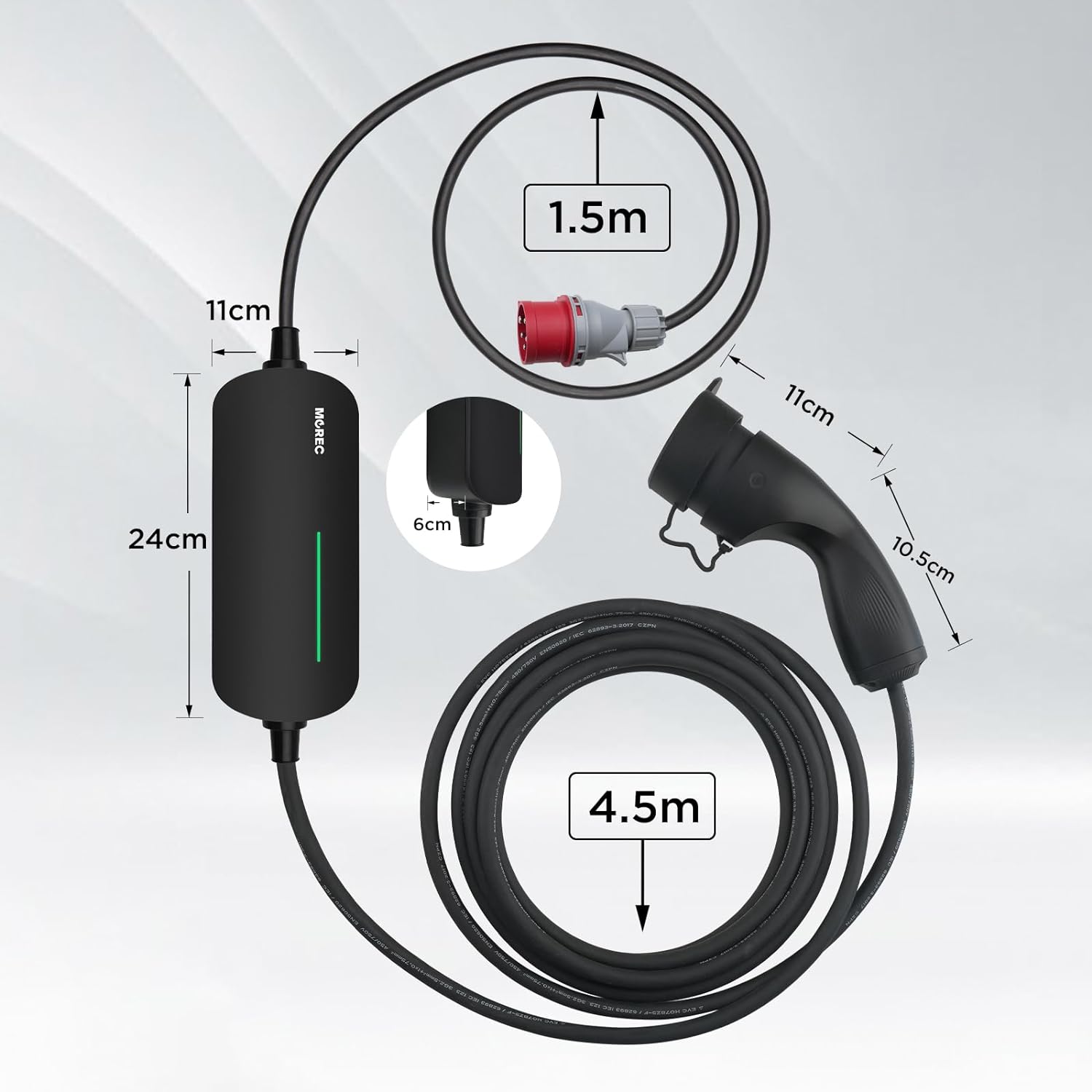  MOREC Type 2 Chargeur EV commutable triphasé 11kW avec prise CEE