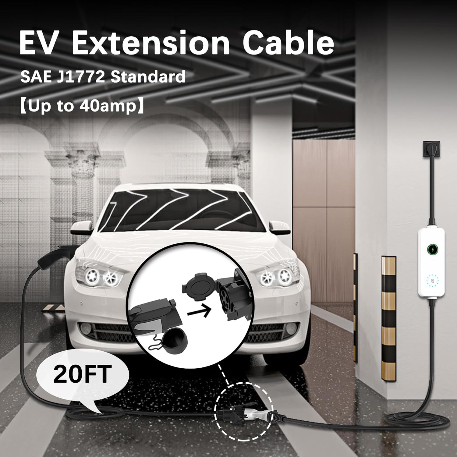 Extension Cable - MOREC Type 1 SAE J1772  20Ft Max 40Amp for EV Wallbox Charger - MS011