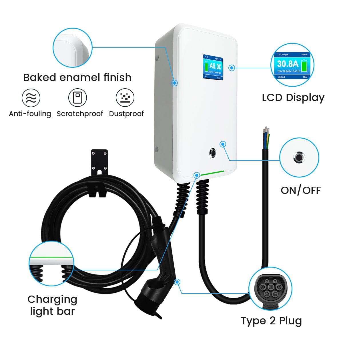 MOREC MC20 Electric Vehicle Charging Station Type 2 MAX 22KW,With 20 ft Charging Cable